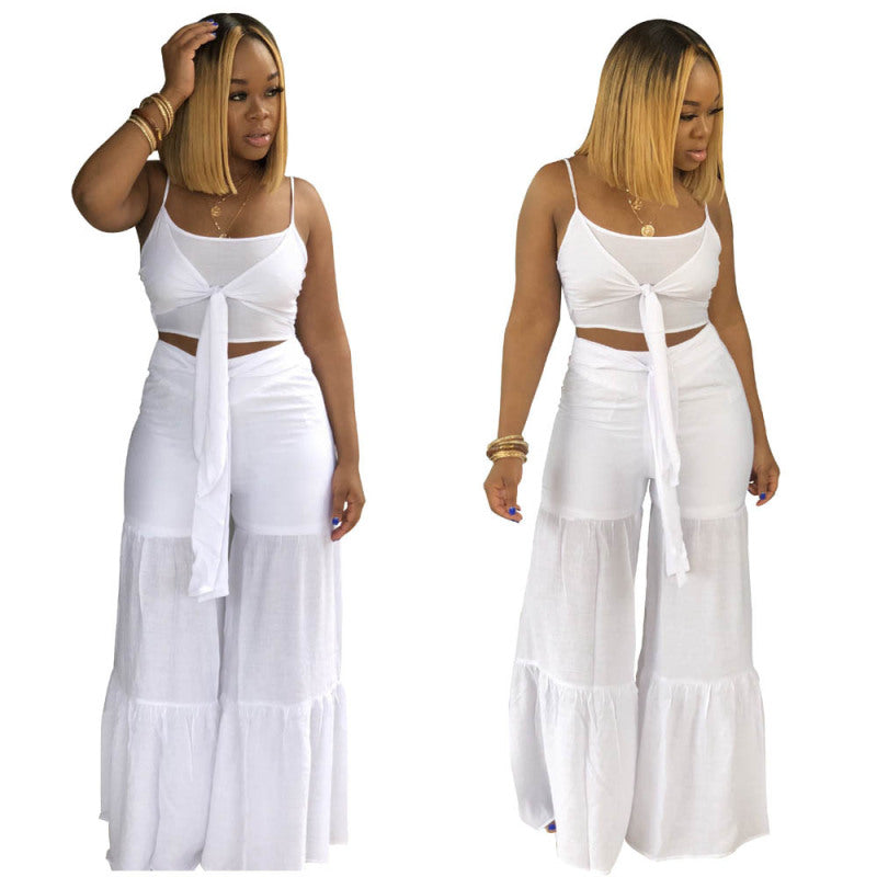 Conjunto de dos piezas de camiseta corta con nudo y pantalones anchos de color liso para mujer, estilo casual, para vacaciones de verano