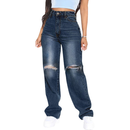 Women Casual Raw Hem Ripped Denim Wide Leg Jeans