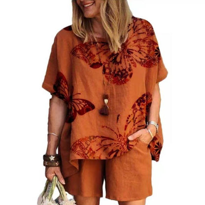 Women Casual Summer Floral Print Loose Short Sleeve T-Shirt And Shorts Set