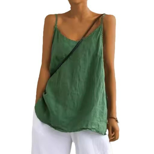 Camisola informal de lino y algodón de color liso para mujer
