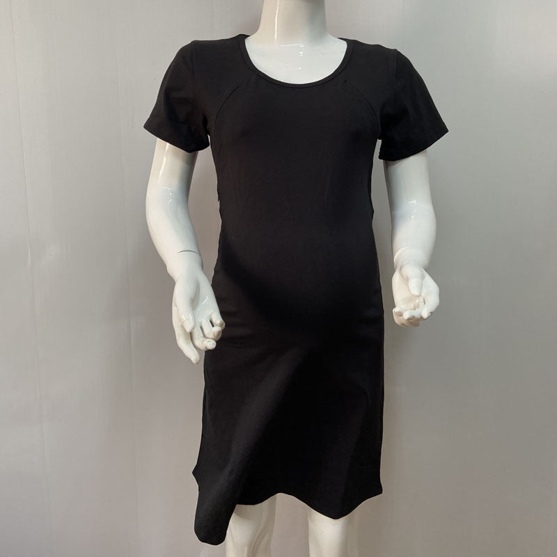 Pregnant Women Casual Round Neck Short Sleeve Solid Color Nursing Dress