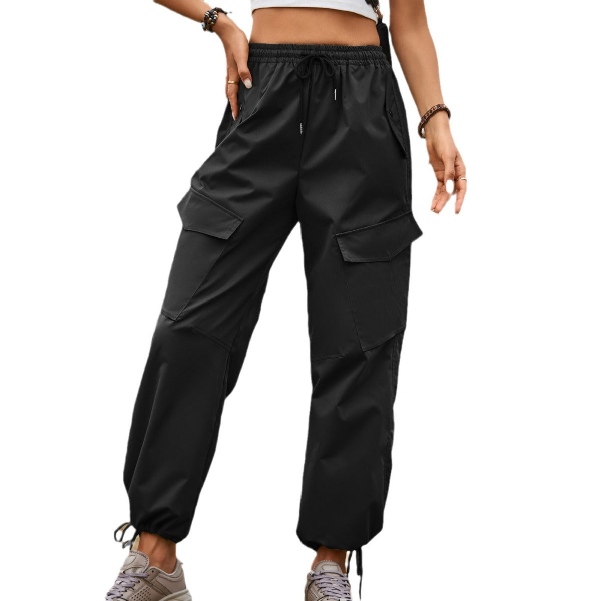 Street Loose Lace-Up Drawstring Elastic Waist Overalls Casual Cargo Pants