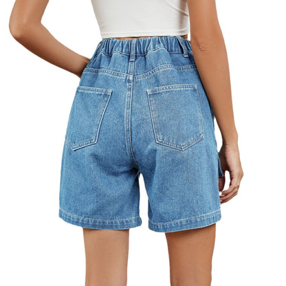 Women Casual Elastic Waist Cargo Denim Shorts
