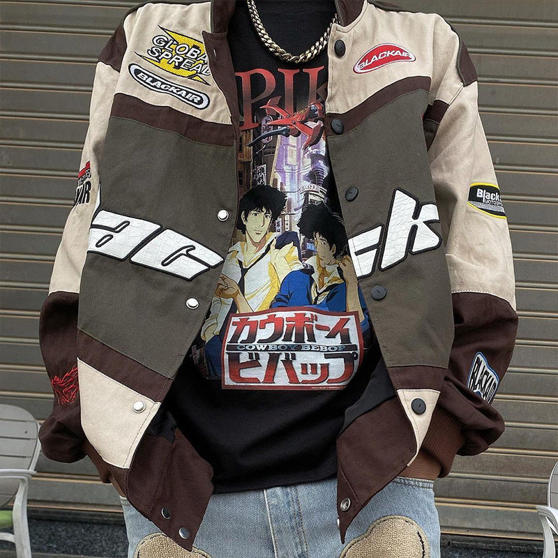Chaqueta de béisbol de motociclista de manga larga informal con estampado de bloques de color estilo deportivo a la moda para mujer