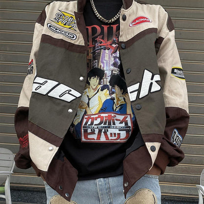 Chaqueta de béisbol de motociclista de manga larga informal con estampado de bloques de color estilo deportivo a la moda para mujer