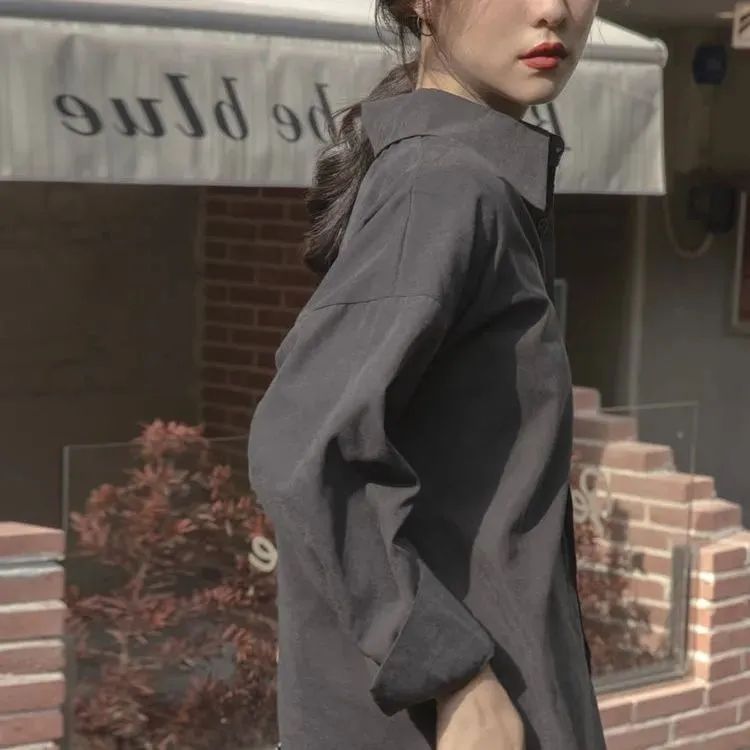 Women Fashion Office Casual Solid Color Long Sleeve Lapel Shirt Blouse