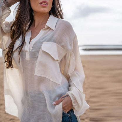 Blusa informal de algodón y lino de color liso con cuello en V y manga larga para mujer