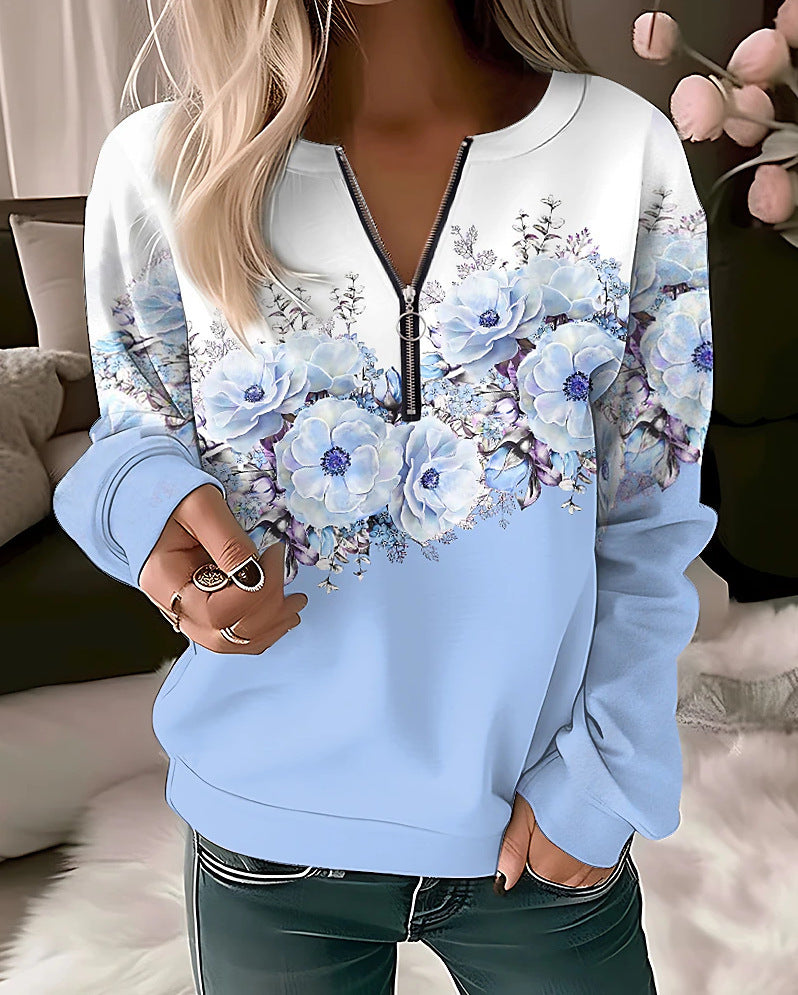 Women Casual Floral Printed V-Neck Long-Sleeve Pullover Loose Sweatshirt