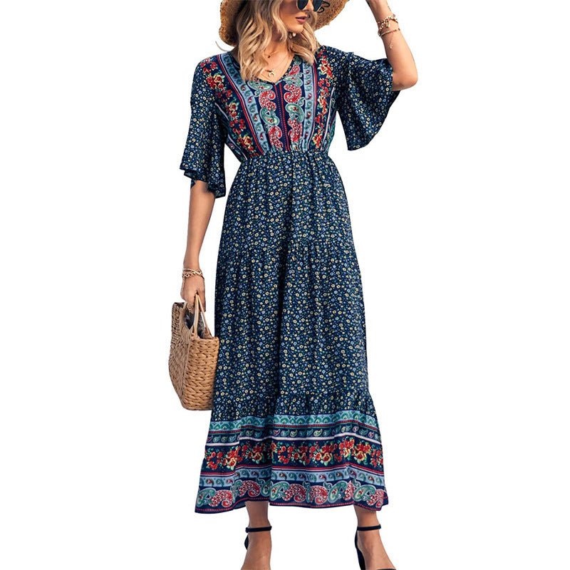 Women Bohemian Casual Floral Printing V-Neck Defined Waist Short Sleeve Dress