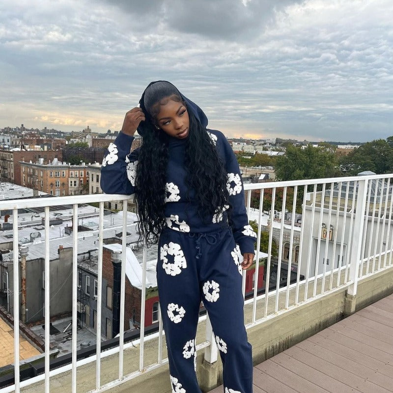 Women Fashion Casual Floral Printed Hooded Long-Sleeved Sweatshirt Pants Two-Piece Set