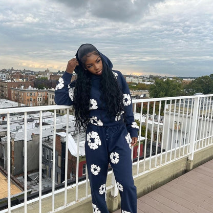 Women Fashion Casual Floral Printed Hooded Long-Sleeved Sweatshirt Pants Two-Piece Set