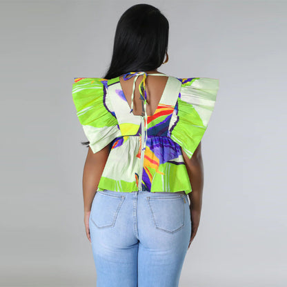 Blusa informal de manga corta con cuello en V y estampado floral arrugado para mujer