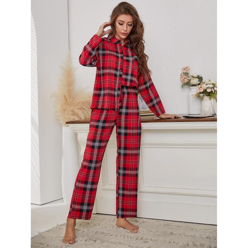 Conjunto de pijama informal con estampado de cuadros rojos y manga larga para mujer