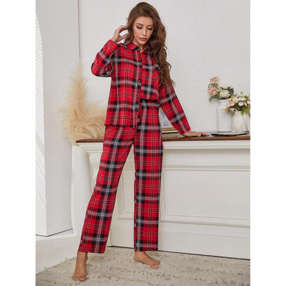 Conjunto de pijama informal con estampado de cuadros rojos y manga larga para mujer