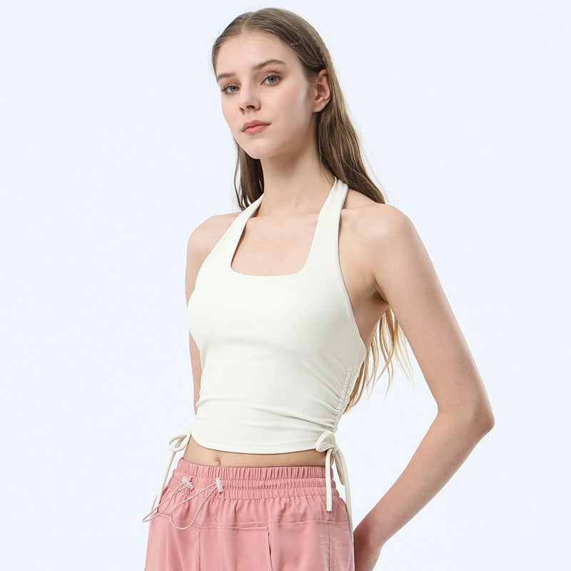 Women Casual Tight Solid Color Halter Neck Sleeveless Backless Drawstring Sports Tank Top
