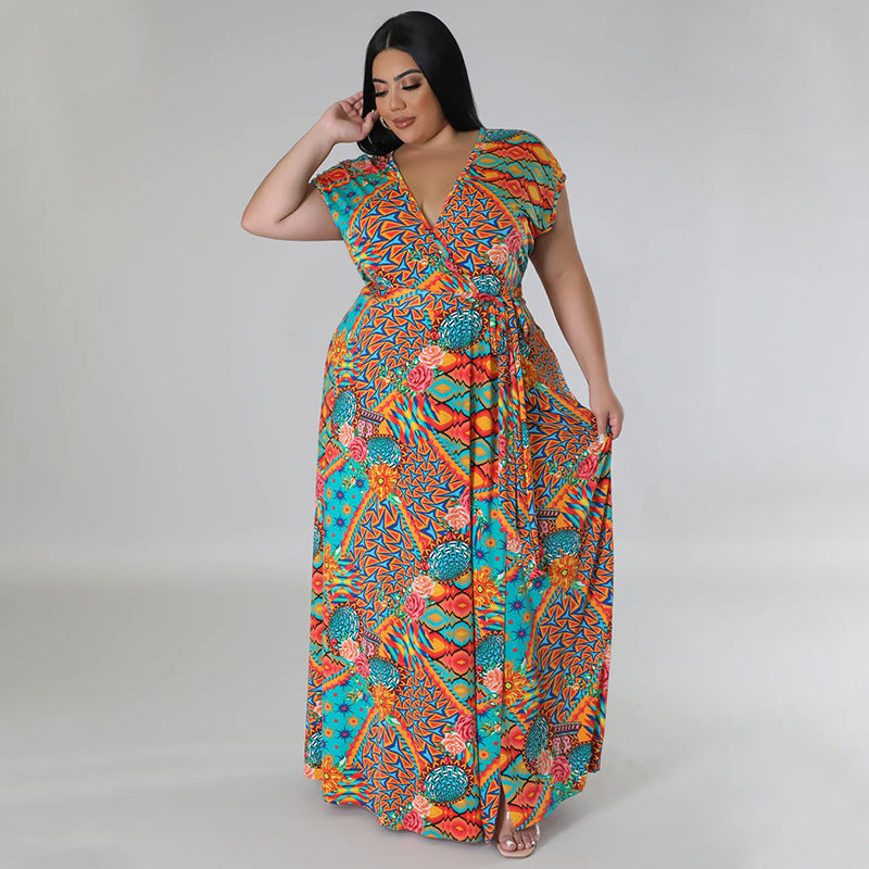 Women Casual Loose Boho Floral Printed V- Neck Short Sleeve Defined Waist Front Split Dress