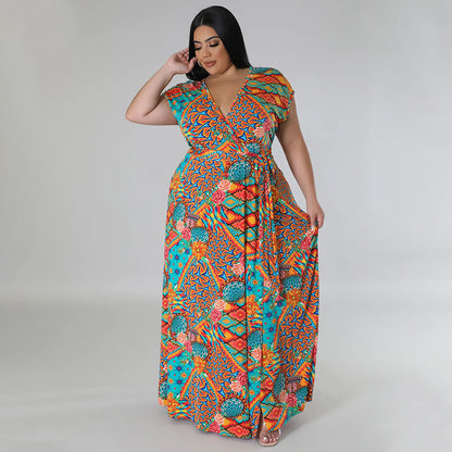Women Casual Loose Boho Floral Printed V- Neck Short Sleeve Defined Waist Front Split Dress