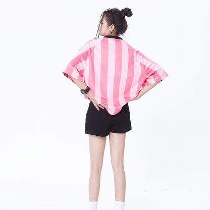 Camiseta deportiva holgada informal de manga corta con rayas rosas de estilo hip hop para mujer