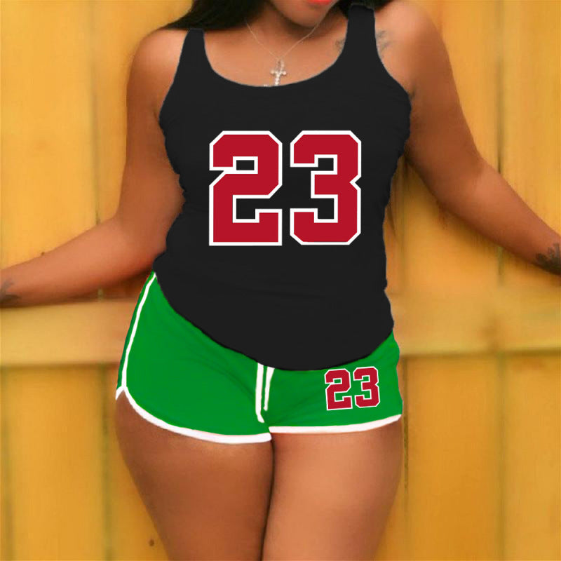 Conjunto de 2 piezas de camiseta sin mangas con cuello redondo y pantalones cortos holgados con estampado digital de color sólido informal para mujer