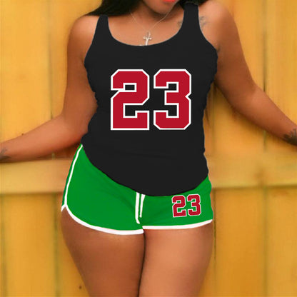 Conjunto de 2 piezas de camiseta sin mangas con cuello redondo y pantalones cortos holgados con estampado digital de color sólido informal para mujer