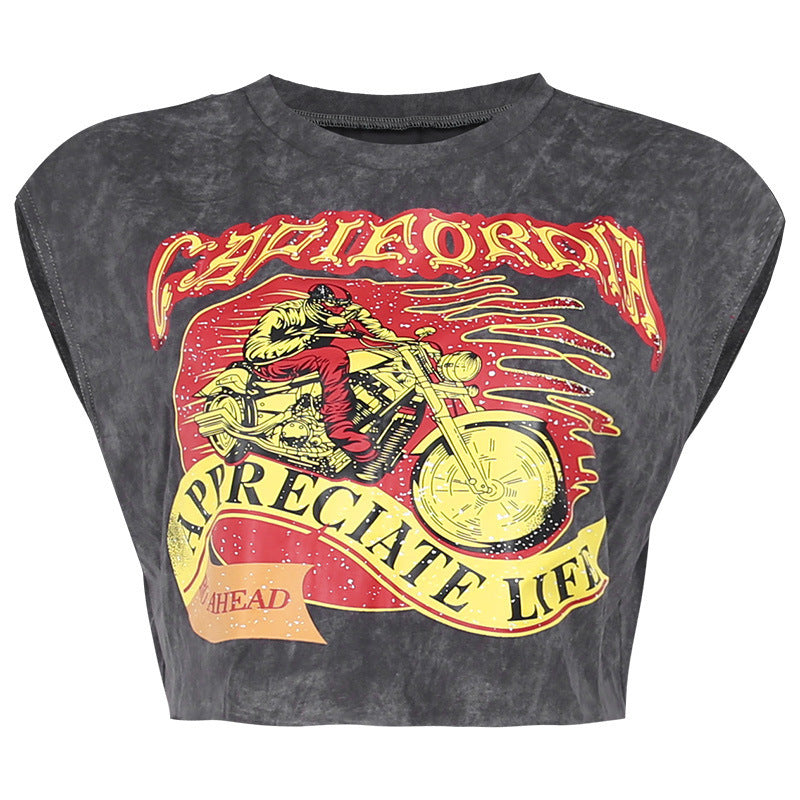 Camiseta corta informal sin mangas con estampado de letras para mujer