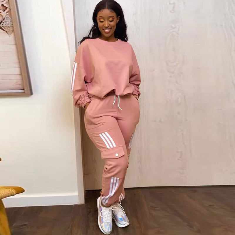 Women Fashion Casual Round Neck Long Sleeve Top Pocket Jogger Pants Two-Piece Set