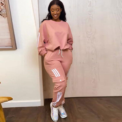 Women Fashion Casual Round Neck Long Sleeve Top Pocket Jogger Pants Two-Piece Set