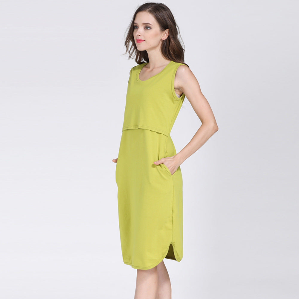 Summer Women Casual Solid Color Round Neck Sleeveless Nursing Dress