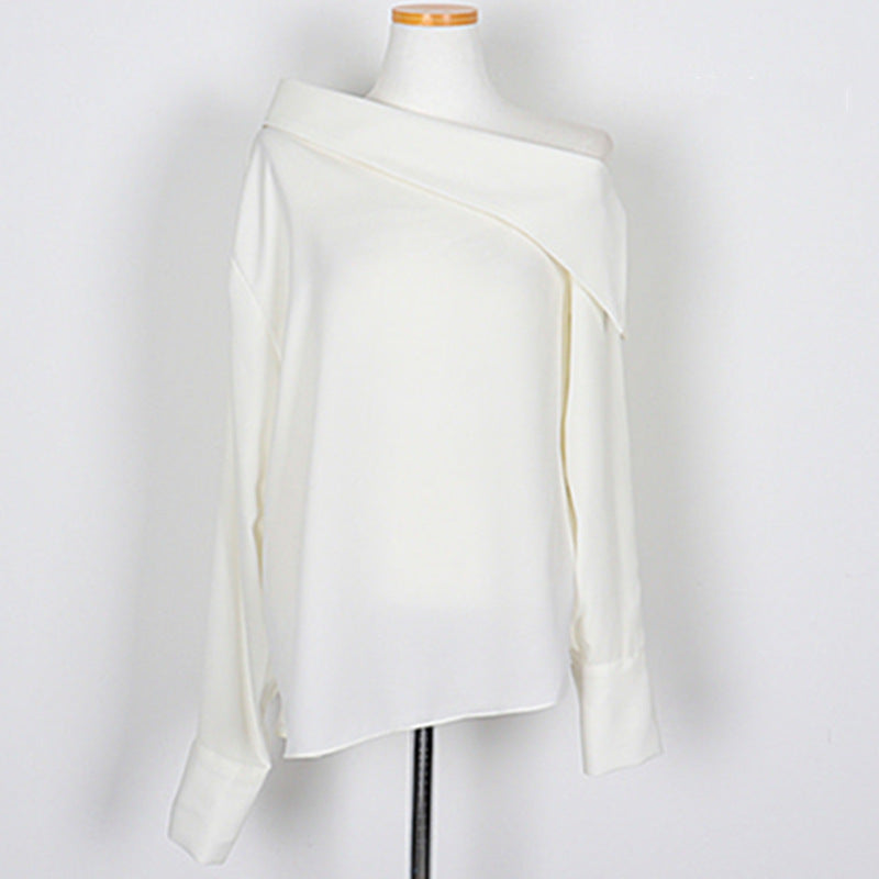Spring And Summer Women Casual Oblique Shoulder Solid Color Long Sleeve Shirt