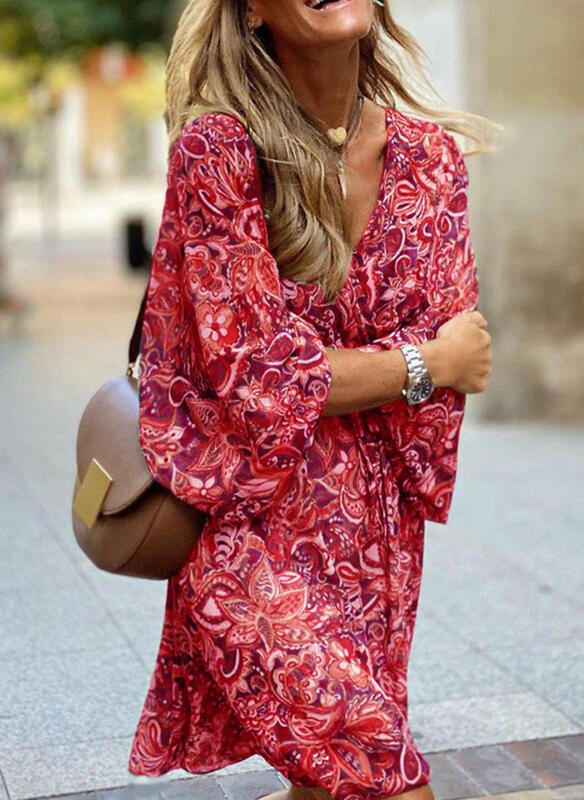 Women Casual Short-Sleeve Printed Loose Dress