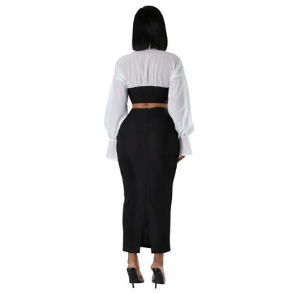 Conjunto de dos piezas de top corto de manga larga con solapa y bloques de color para mujer