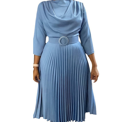 Vestido informal de manga larga plisado de color liso para mujer, talla grande