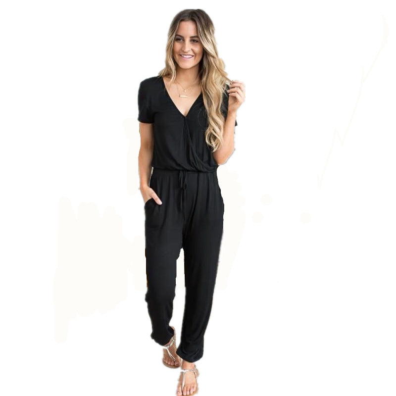 Women Casual Simple Solid Color Waist Drawstring Jumpsuits