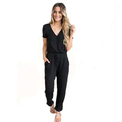 Women Casual Simple Solid Color Waist Drawstring Jumpsuits