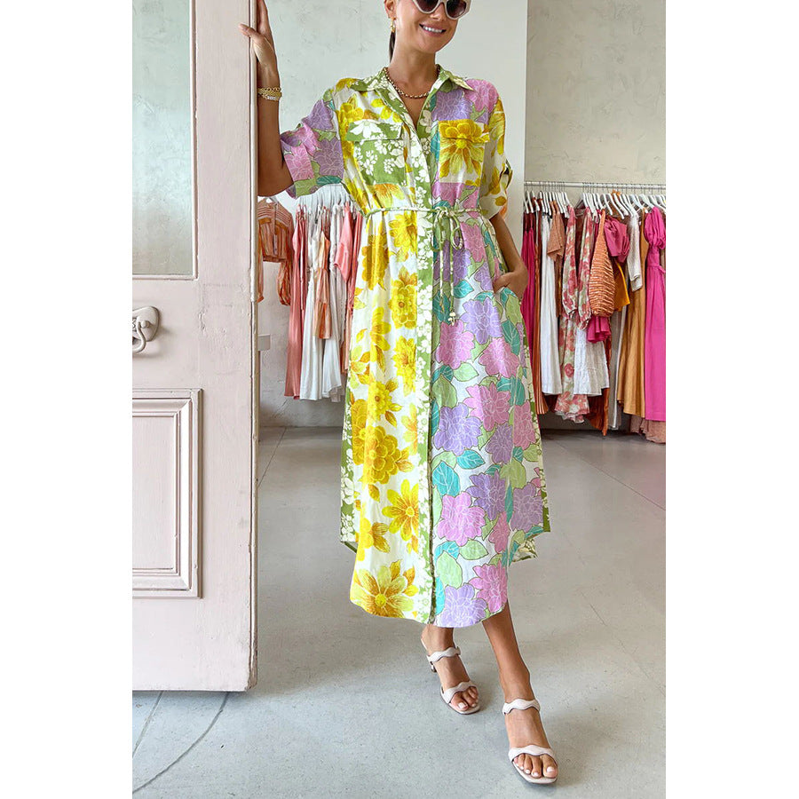 Spring And Summer Loose Vacation Women Casual Short-Sleeved Lace-Up Pocket Floral Shirt Maxi Dress