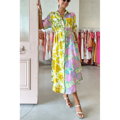 Spring And Summer Loose Vacation Women Casual Short-Sleeved Lace-Up Pocket Floral Shirt Maxi Dress