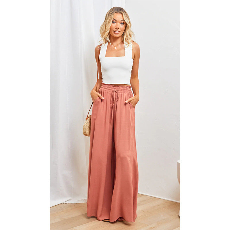 Women Solid Color High Waist Elastic Casual Wide Leg Pants