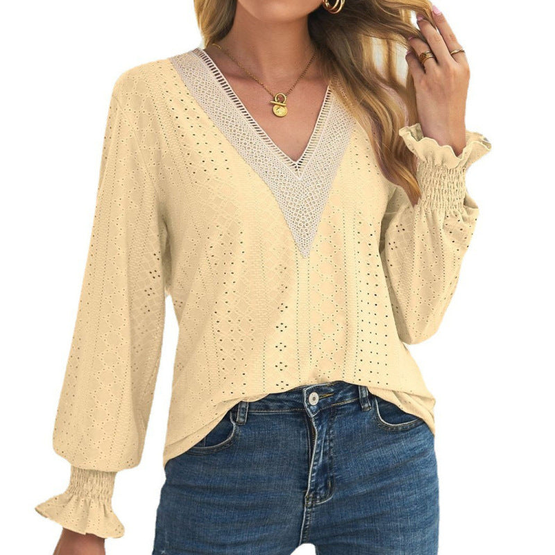 Blusa informal de manga larga con cuello en V y encaje calado para mujer