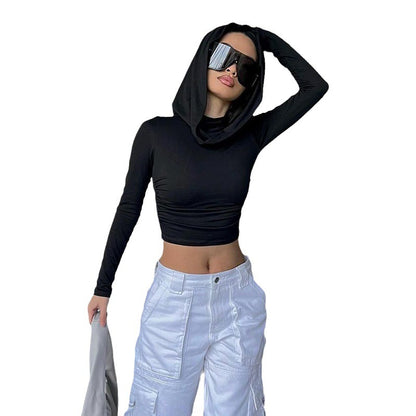 Women Fashion Casual Solid Color Hooded Long Sleeve Crop Top