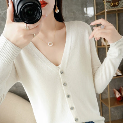 Chaqueta de punto con cuello en V informal de manga larga para mujer