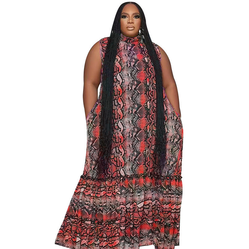 Sexy Women Plus Size Casual Sleeveless Snake Print Loose Maxi Dress