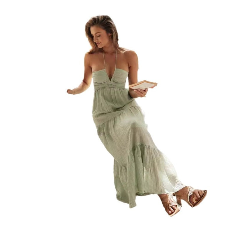 Vacation Women Casual Tiny Flower Print Backless Maxi Dress
