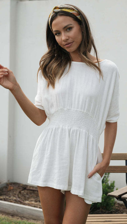 Women Fashion Casual Solid Color Backless Short Sleeve Romper
