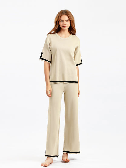 Conjunto de dos piezas de pantalones anchos de punto con contraste informal para mujer