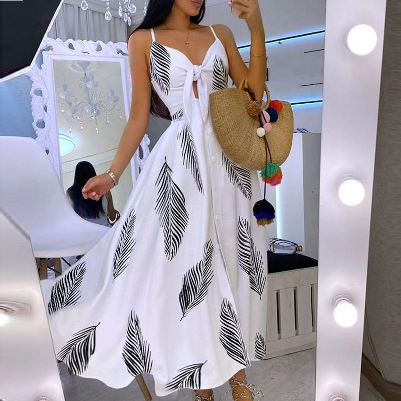 Women Casual Sexy Vacation Floral Print Knit Strap Swing Maxi Dress