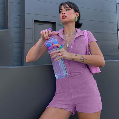 Women Fashion Casual Solid Color Lapel Singl- Breasted Short Sleeve Romper