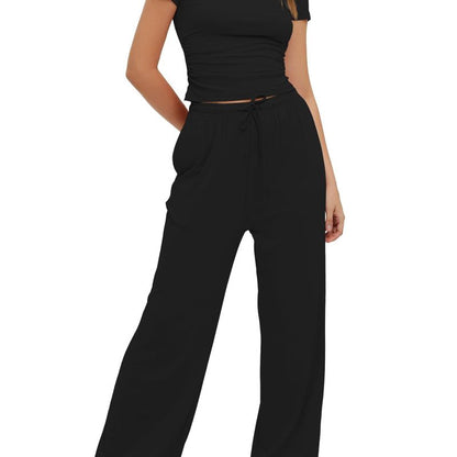 Conjunto deportivo informal de color liso para mujer, con top de manga corta y cintura alta y pantalones anchos