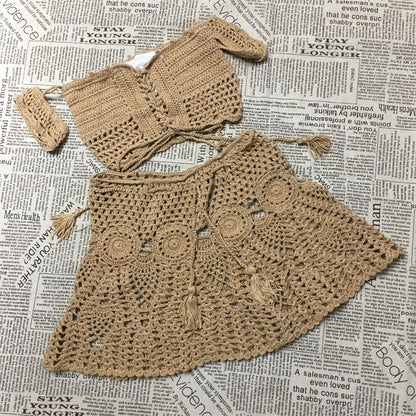 Two Piece Set Summer Beach Dress Hand Knitted Hollow Out Crop Top Mini Skirt Sheer Fishnet Cover Up Casual Suits