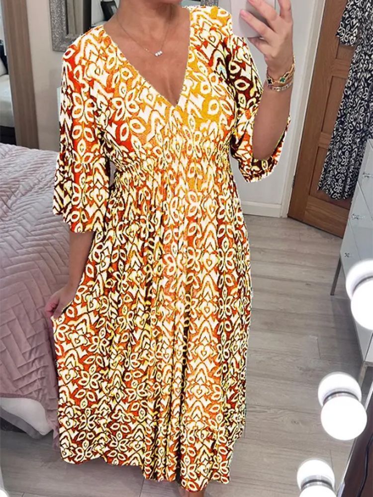 Vestido largo informal con cuello en V y estampado de flores pequeñas para mujer