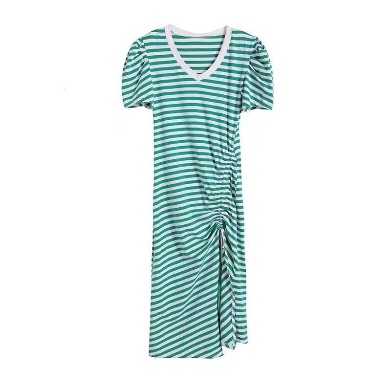 Women Fashion Casual Stripe Printing V-Neck Short Sleeve Drawstring Slit Dress